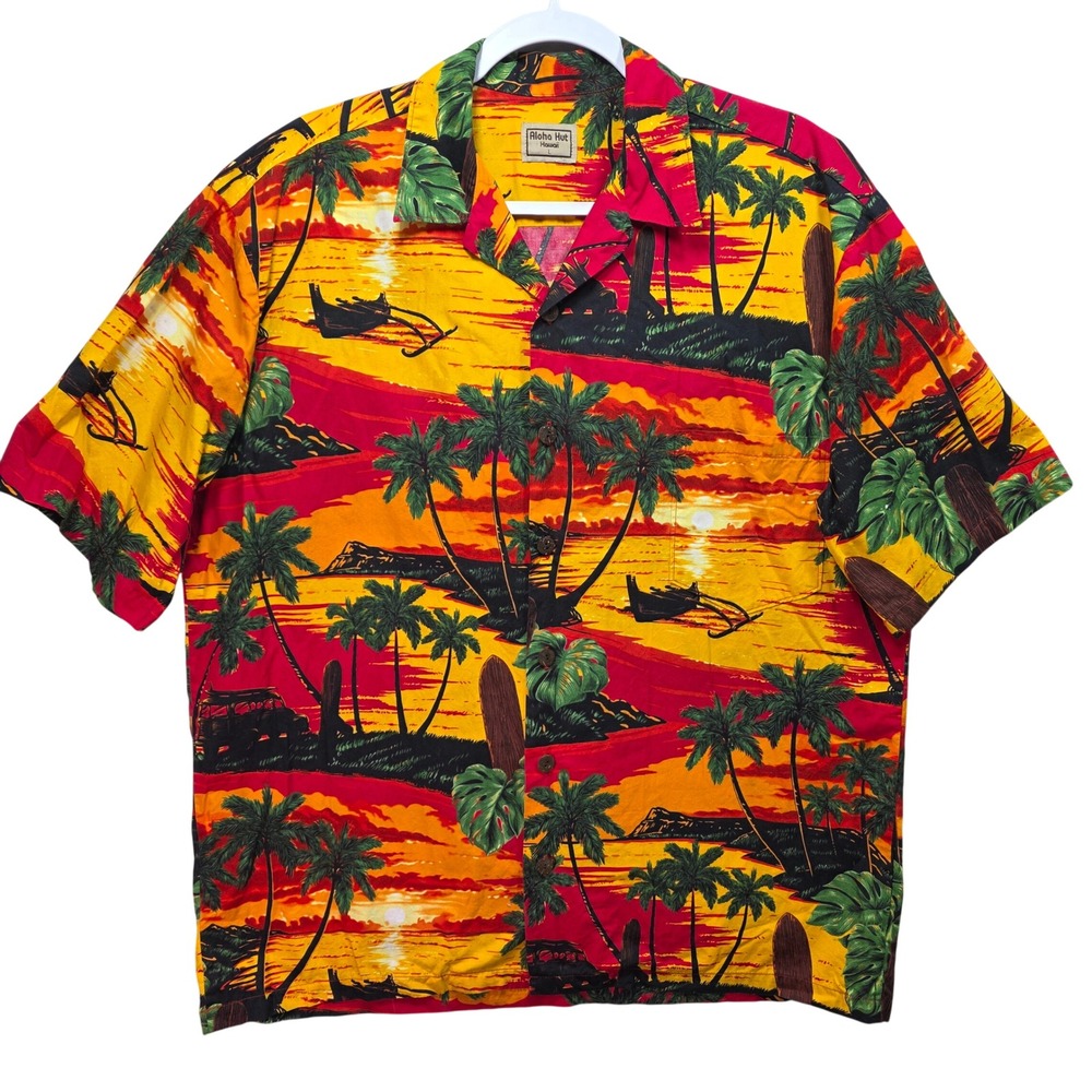 Aloha Hut Mens Hawaiian Camp Shirt Tropical Sunset Palm Tree Surfboard Red Sz L